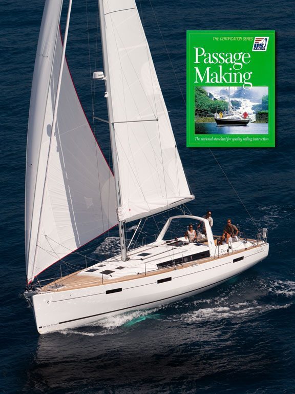 Sailboat with cover of 'Passage Making' book in the upper-right corner