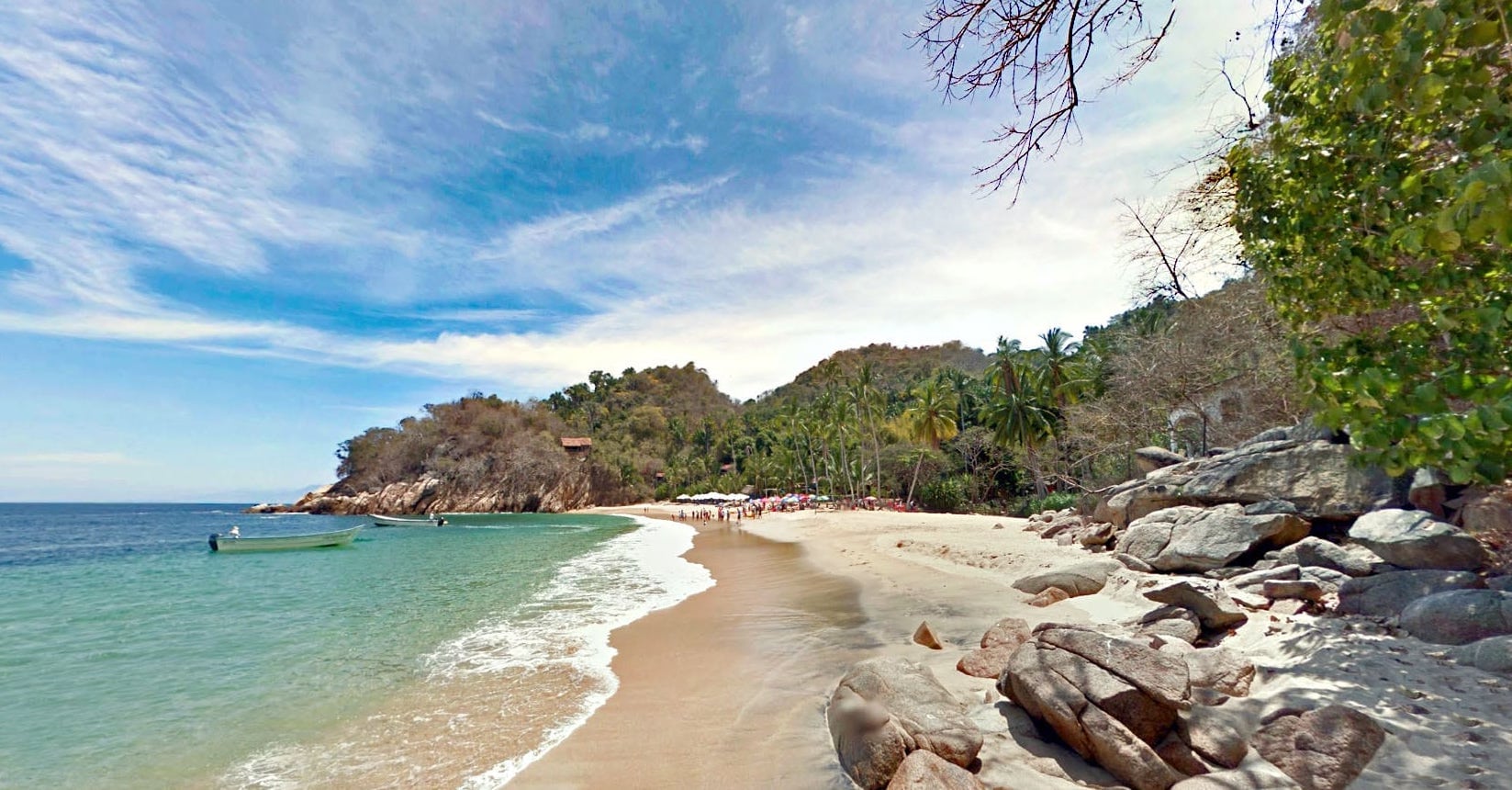A long a beautiful beach surrounded by jungle